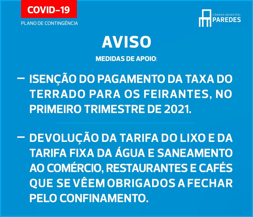 COVID-19 | PLANO DE CONTINGÊNCIA: MEDIDAS DE APOIO AOS FEIRANTES, COMÉRCIO, RESTAURANTES E CAFÉS