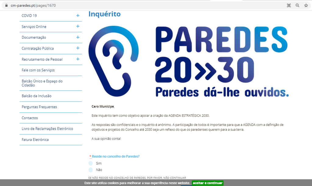 Município de Paredes lança inquérito à população que tem como objetivo apoiar a criação da AGENDA...