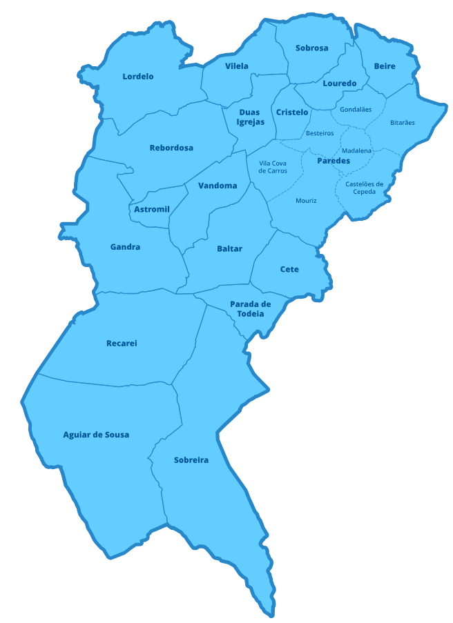 Mapa do Concelho de Paredes com indica&ccedil;&atilde;o das Freguesias (mais informa&ccedil;&atilde;o abaixo)